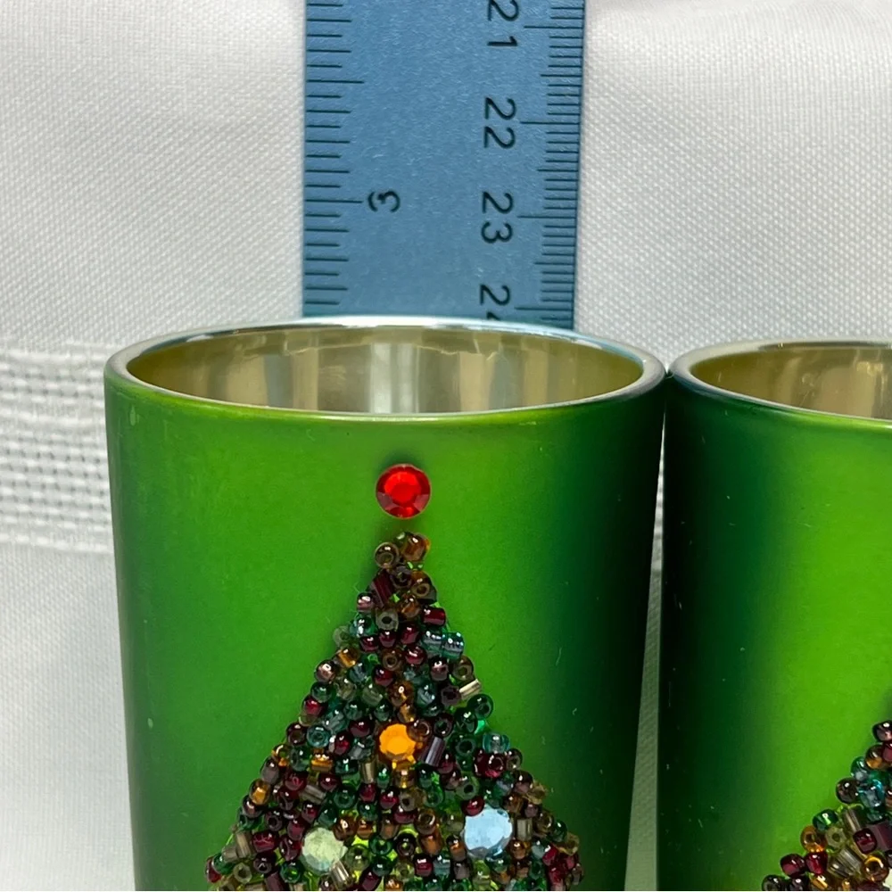 Mercury Glass Candle Holders Frosted Green Rhinestone Beaded‎ Tree EUC VTG GANZ